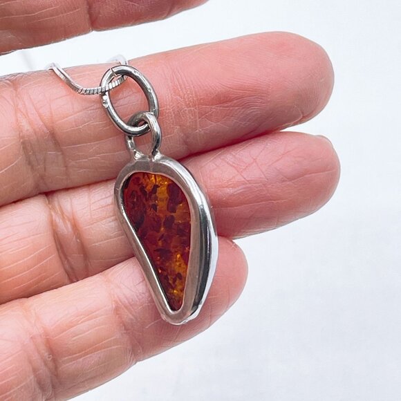 Sterling Silver Pendant Necklace With Genuine Amber Teardrop Design - Picture 5 of 8